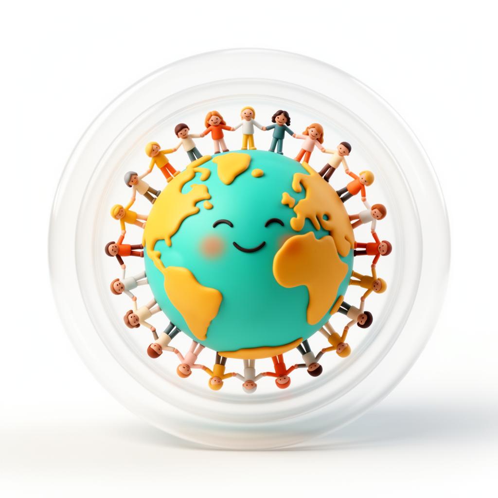 A smiling globe surrounded by diverse laughter buddies